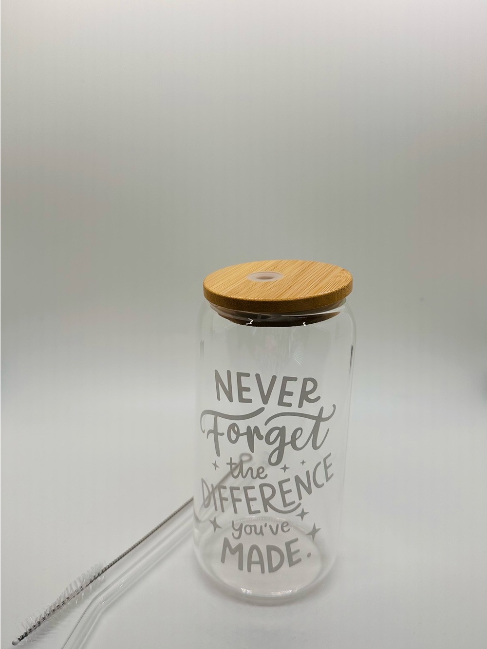 Glass Tumbler with Bamboo Lid - "Never Forget the Difference You've Made"